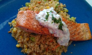 Salmon, quinoa, corn, carrot, edamame, cucumber-lime raita